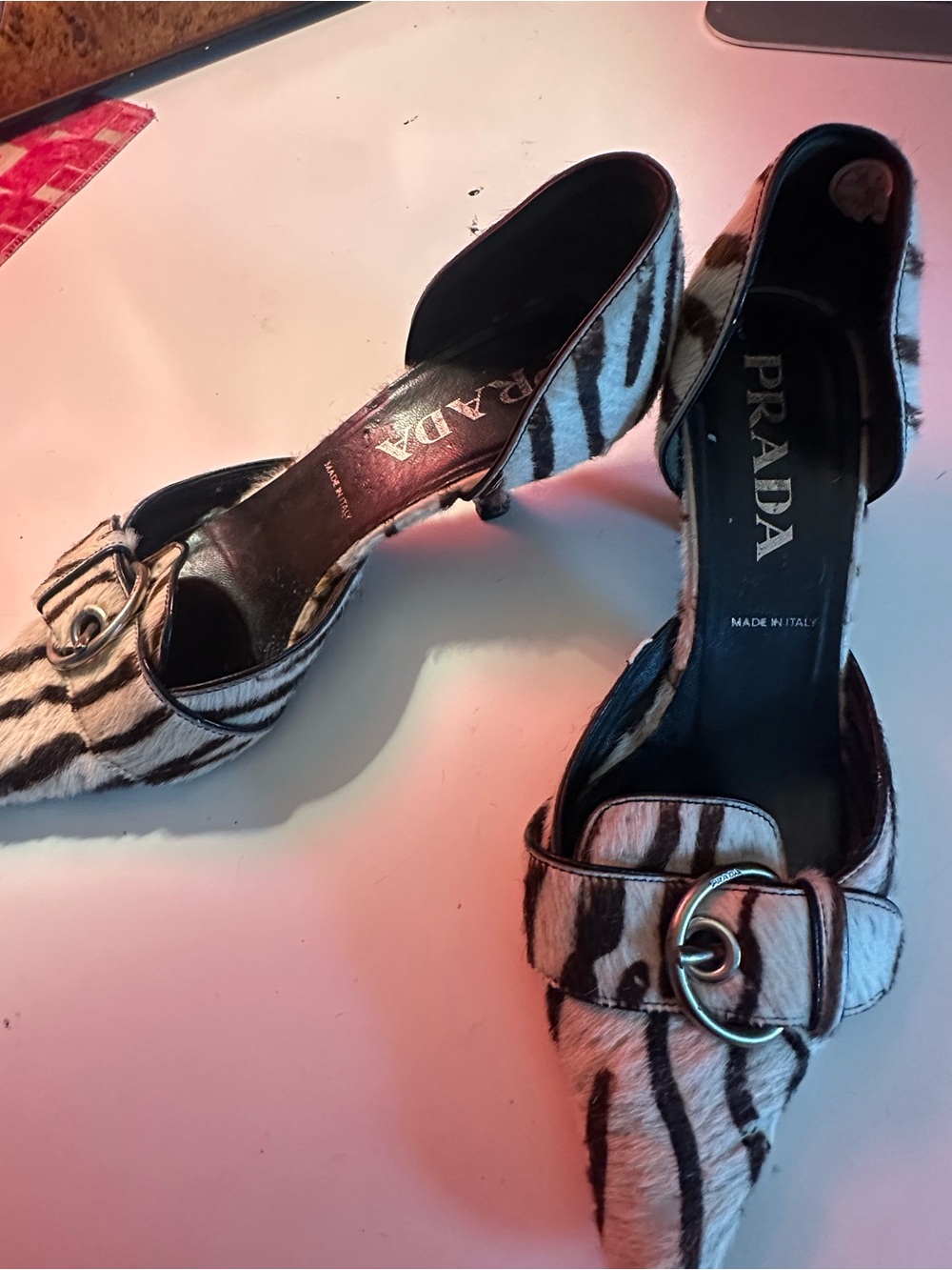 Prada Black & White Zebra-Print Pointed-Toe Buckle Pumps - Picture 2 of 5